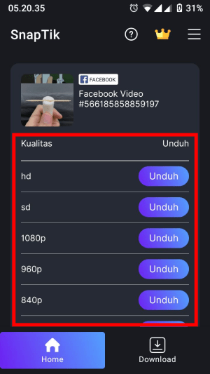 Pilihan kualitas video reels FB yang bisa kamu unduh.