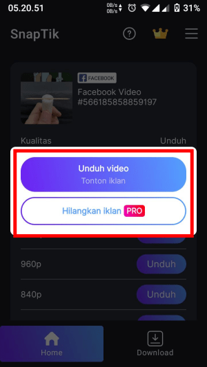 Popup pilihan: apakah kamu mau mengunduh video dengan beli aplikasi pro atau gratis (dengan menonton iklan dulu tentunya).