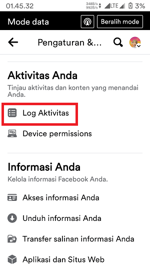 Cara Melihat Foto Facebook yang Sudah Dihapus (via HP dan PC) 3 Langkah melihat foto Facebook yang sudah dihapus lewat HP adalah gulir layar ke atas sampai menemukan Log Aktivitas, lalu tap.