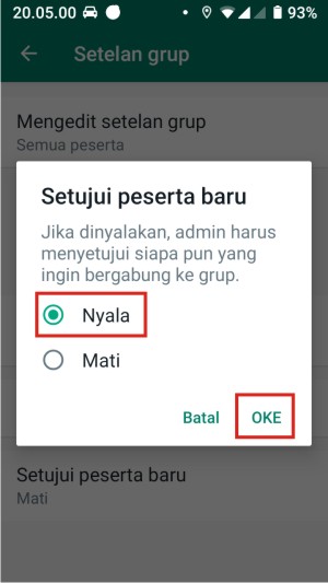 Cara menggunakan fitur 'Setujui Peserta Baru' di grup WhatsApp 4 Pilih nyalakan fitur, lalu tap oke.