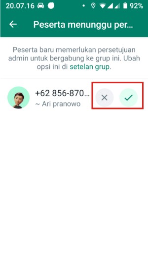 Cara menggunakan fitur 'Setujui Peserta Baru' di grup WhatsApp 6 Admin dapat meloloskan atau menolak permintaan bergabung seseorang.