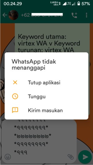 Apa itu virtex WhatsApp? Contoh penggunaan dan cara mengatasinya 4 Whatsapp mengalami lag dan force close ketika sedang meloading jenis virtex WA ringan.