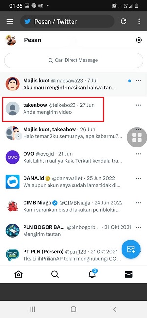Panduan Mendownload Video di DM Twitter (Simpel dan Up-to-date) 8 Di halaman DM kamu tinggal cari pesan yang terdapat video DM yang mau diunduh.