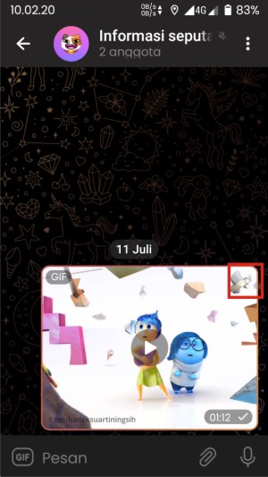 Cara Menghapus GIF Telegram (di Obrolan, Keyboard, dan Penyimpanan HP) 1 Cara menghapus gif di telegram untuk pesan pribadi/grup adalah menekan titik tiga yang ada di sudut kanan pesan gif.