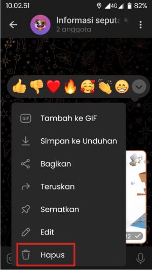 Cara Menghapus GIF Telegram (di Obrolan, Keyboard, dan Penyimpanan HP) 2 Cara menghapus gif di telegram untuk pesan pribadi/grup yang kedua adalah menekan tombol hapus di jendela yang muncul.