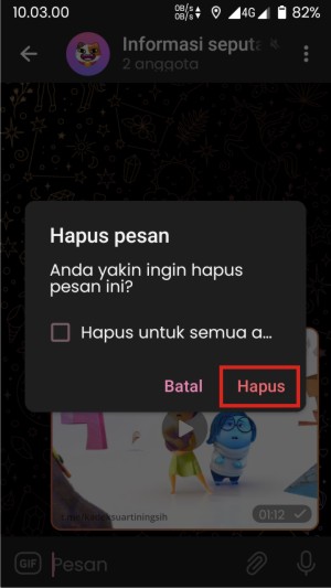 Cara Menghapus GIF Telegram (di Obrolan, Keyboard, dan Penyimpanan HP) 3 Cara menghapus gif di telegram untuk pesan pribadi/grup yang ketiga adalah memilih gif dihapus juga dari obrolan lawan bicara atau grup dengan cara ceklis, kmd tekan tombol hapus untuk penghapusan.