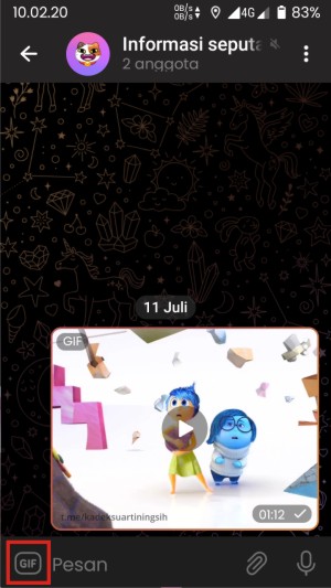 Cara Menghapus GIF Telegram (di Obrolan, Keyboard, dan Penyimpanan HP) 4 Cara menghapus gif di telegram untuk pesan pribadi/grup yang keempat adalah tap tombol gif di sebelah kolom pesan.