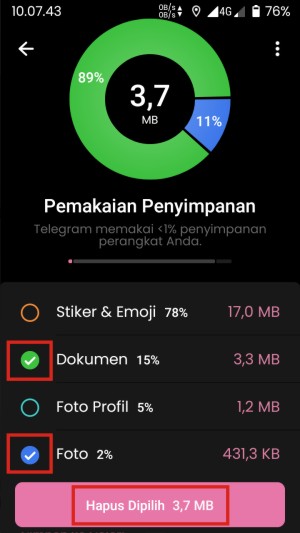 Cara Menghapus GIF Telegram (di Obrolan, Keyboard, dan Penyimpanan HP) 11 Cara menghapus gif di telegram untuk pesan pribadi/grup yang kesebelas adalah menceklis dokumen dan foto, lalu tap hapus dipilih.