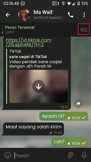 Cara Sematkan Pesan di Telegram (untuk Chat Personal, Grup, dan Channel) 9 Tap dulu tombol pin untuk masuk ke halaman pesan tersemat yang jumlahnya lebih dari satu.