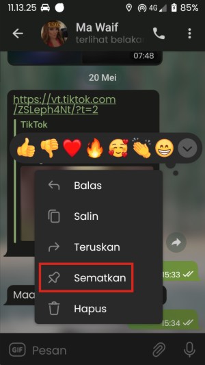 Cara Sematkan Pesan di Telegram (untuk Chat Personal, Grup, dan Channel) 2 Setelahnya, akan muncul jendela berisi beberapa menu. Tap saja menu sematkan.