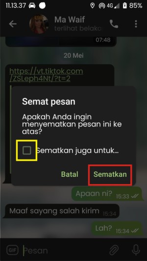 Cara Sematkan Pesan di Telegram (untuk Chat Personal, Grup, dan Channel) 3 Disini, akan tampil notifikasi pemberitahuan yang isinya apakah pesan tersemat mau ditampilkan ke lawan bicara atau anggota grup/channel. Jika sudah memilih, tap sematkan.