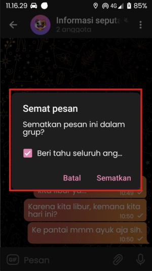 Cara Sematkan Pesan di Telegram (untuk Chat Personal, Grup, dan Channel) 5 Beda jendela notifikasi semat pesan untuk personal dan grup/channel.