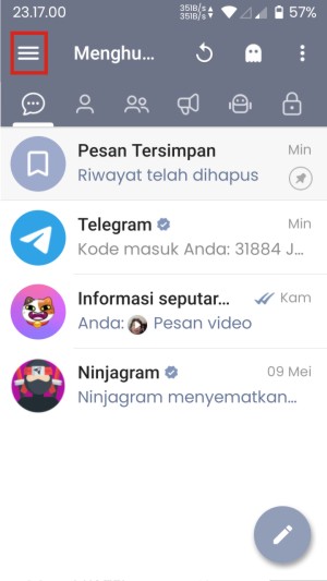 Cara Melihat Chat Telegram yang Dihapus Oleh Pengirimnya 5 Tap garis tiga di kiri atas.