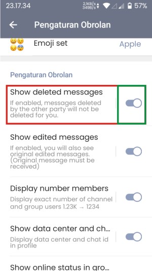 Cara Melihat Chat Telegram yang Dihapus Oleh Pengirimnya 8 Tap tombol aktifkan untuk menu "Show Deleted Messages".