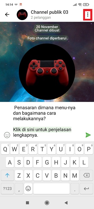 Cara Membuat Text Link atau Hyperlink di Telegram 5 lanjutkan dengan men-tap ikon titik tiga di kanan atas.