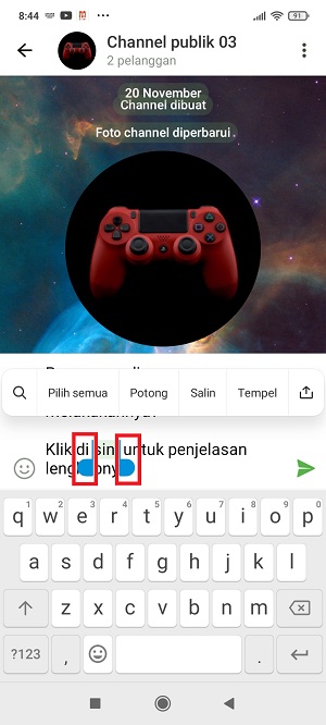 Cara Membuat Text Link atau Hyperlink di Telegram 4 geser ke kiri, ke kanan, ke bawah, ke atas untuk menempelkan link di beberapa kata.