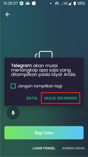 Cara Share Screen atau Berbagi Layar di Telegram (Panduan Pemula Lengkap) 16 Selanjutnya, kamu tap mulai sekarang pada jendela konfirmasi.