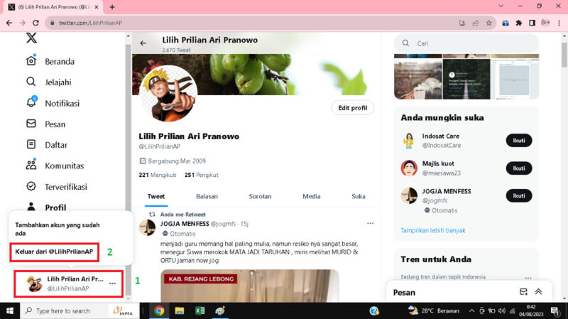 Cara Logout Akun Twitter (Di HP, Laptop atau Perangkat lainnya) 7 Tap/klik nama profil akun-mu, lalu lanjutkan dengan tap/klik tombol keluar.