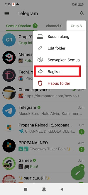 Cara Membagikan Folder Obrolan di Telegram Ke Teman (Via link dan kode QR) 2 Tap "Bagikan".