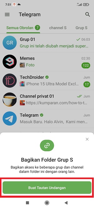 Cara Membagikan Folder Obrolan di Telegram Ke Teman (Via link dan kode QR) 3 Tap “Buat Tautan Undangan”.