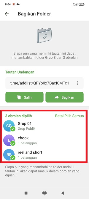 Cara Membagikan Folder Obrolan di Telegram Ke Teman (Via link dan kode QR) 4 tap obrolan yang tidak ingin kamu bagikan.