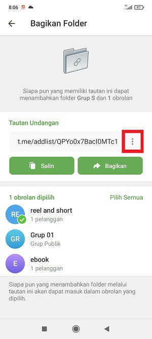 Cara Membagikan Folder Obrolan di Telegram Ke Teman (Via link dan kode QR) 8 Tap ikon tiga titik di kanan link,