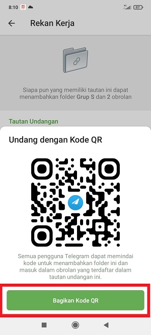 Cara Membagikan Folder Obrolan di Telegram Ke Teman (Via link dan kode QR) 10 Tap “Bagikan kode QR”.