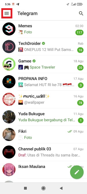 Cara Mengaktifkan Mode Hemat Daya Telegram 1 tap ikon hamburger yang terdapat di sebelah kiri atas.