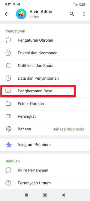 Cara Mengaktifkan Mode Hemat Daya Telegram 3 tap “Penghemat Daya”.