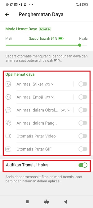Cara Mengaktifkan Mode Hemat Daya Telegram 5 ketika mode hemat daya aktif maka semua animasi selain Transisi Halus akan dinonaktifkan.
