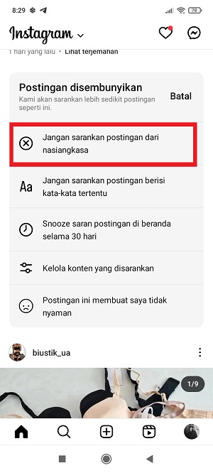 Cara Menghilangkan Postingan Yang Disarankan di Instagram 2 tap “Jangan sarankan postingan dari .....”