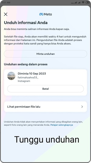 Cara Download Data Kita di Instagram Melalui fitur 'Unduh Informasi Anda' 10 tampilan unduhan yang sedang di proses