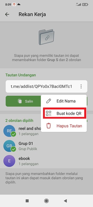 Cara Membagikan Folder Obrolan di Telegram Ke Teman (Via link dan kode QR) 9 tap “Buat kode QR”