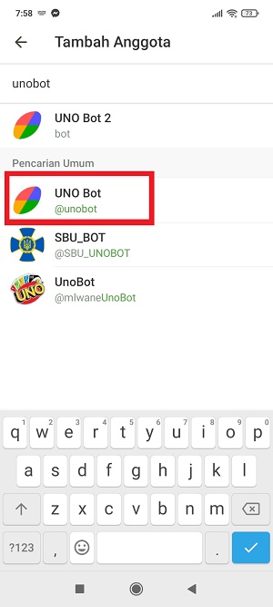 Cara main uno di Telegram (dengan teman ataupun orang lain) 4 tap “uno bot” untuk memasukan uno bot sebagai anggota grup.
