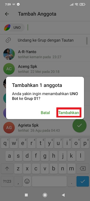 Cara main uno di Telegram (dengan teman ataupun orang lain) 6 Tap “Tambahkan”