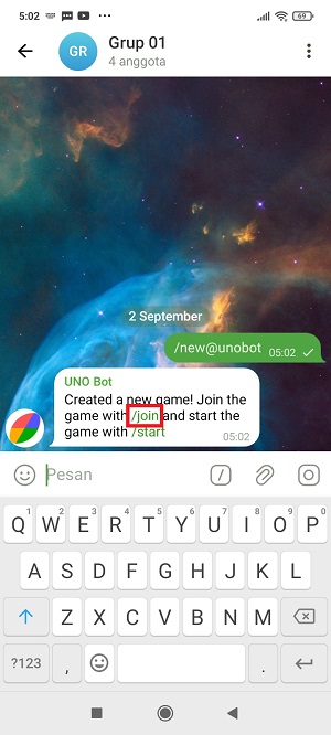 Cara main uno di Telegram (dengan teman ataupun orang lain) 10 tap “/join”.