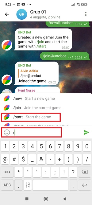 Cara main uno di Telegram (dengan teman ataupun orang lain) 11 ketik “/” di kolom komentar, lalu tap “/start”.