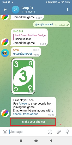 Cara main uno di Telegram (dengan teman ataupun orang lain) 12 tap “Make your choice!”,
