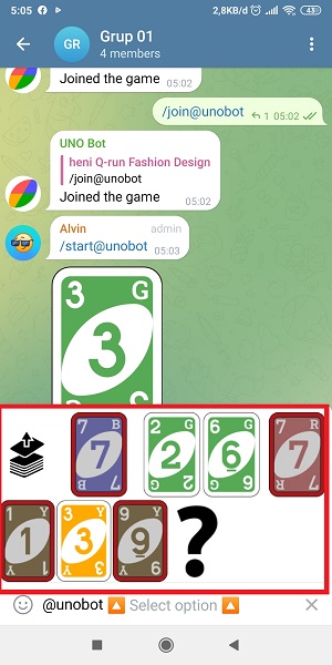 Cara main uno di Telegram (dengan teman ataupun orang lain) 13 pilih kartu yang ingin kamu keluarkan.